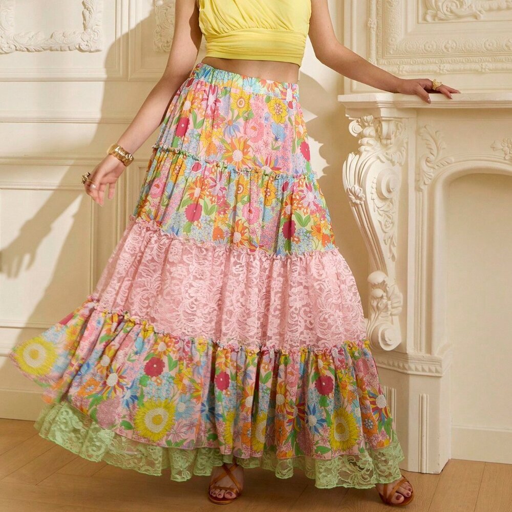 Multicolor Boho Women's Floral Print Contrast Lace A-Line Skirt - Picture 4 of 9